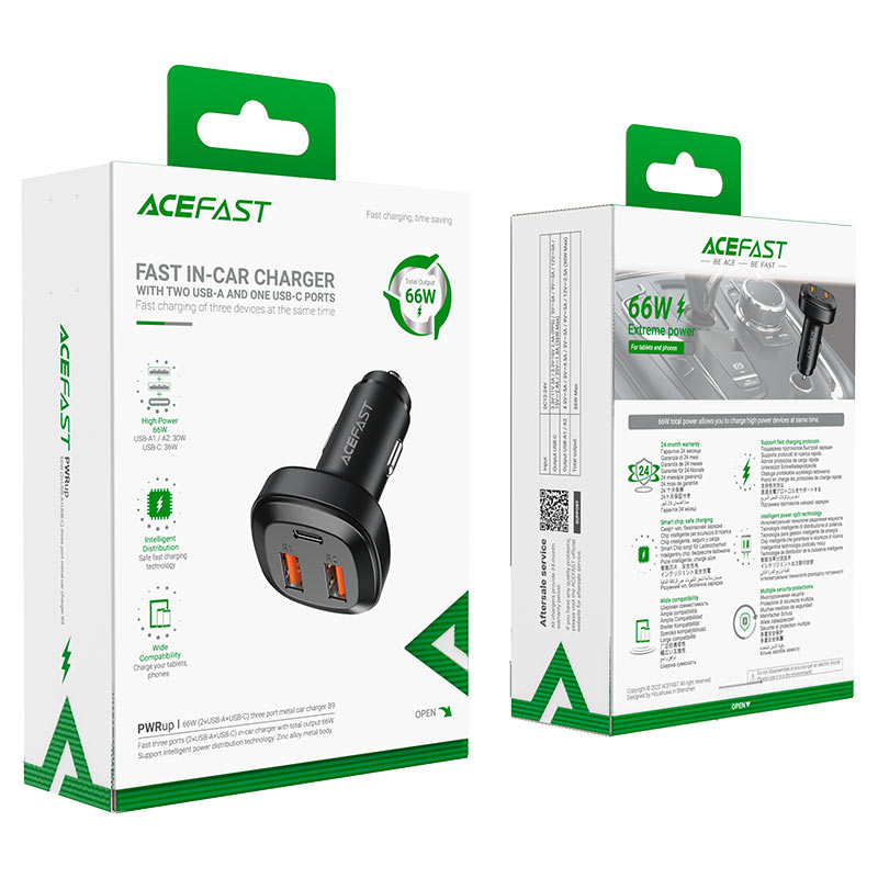 AceFast | 15879 | B9 | 66W(2Usb A+Usb C) Three Port Metal Car Charger | Black AceFast | 15879 | B9 | 66W(2Usb A+Usb C) Three Port Metal Car Charger | Black